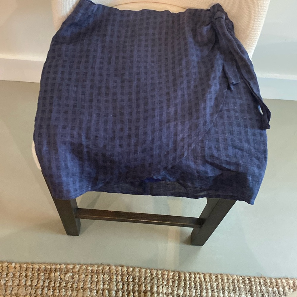 Heartloom Linen blue and black check  mini skirt with tulip hem wrap